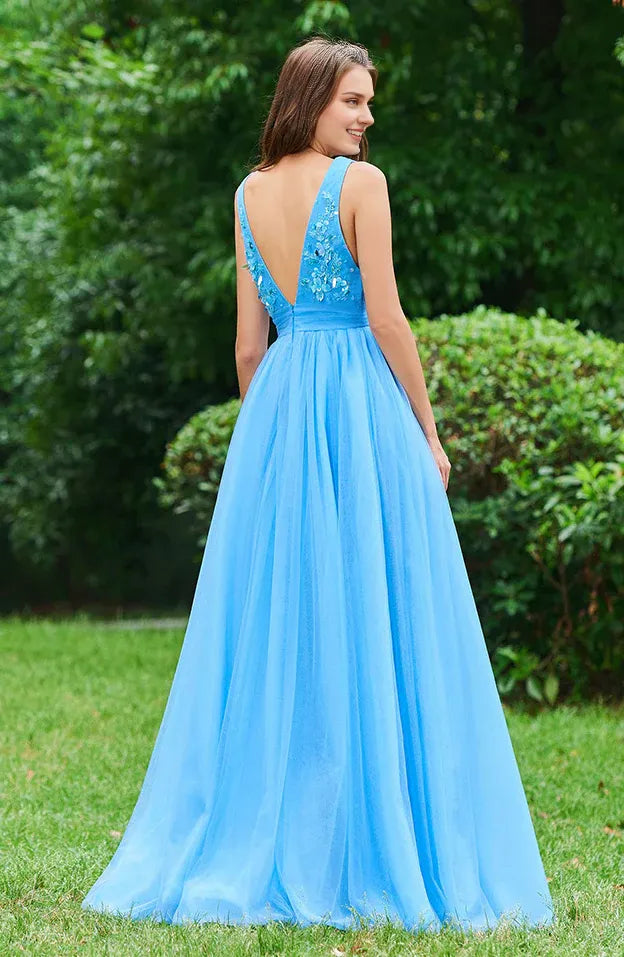 Prom Dresses Stores Blue V Neck A Line Sleeveless Appliques Backless Floor Length Prom Dresses Formal Women's Dresses